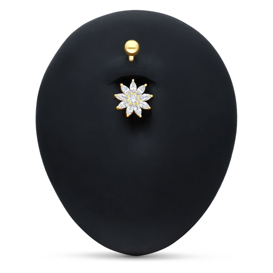 Bananabell en or 18k fleur de cristal Piercing nombril en or 18k avec fleur de cristal clair sur fond noir