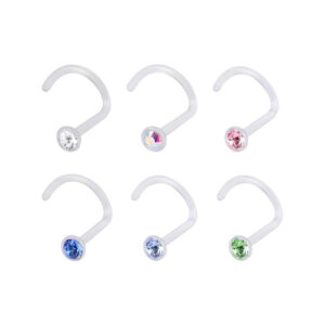 Six piercings nasaux en bioplastique avec des cristaux clairs, bleus et verts sur fond blanc