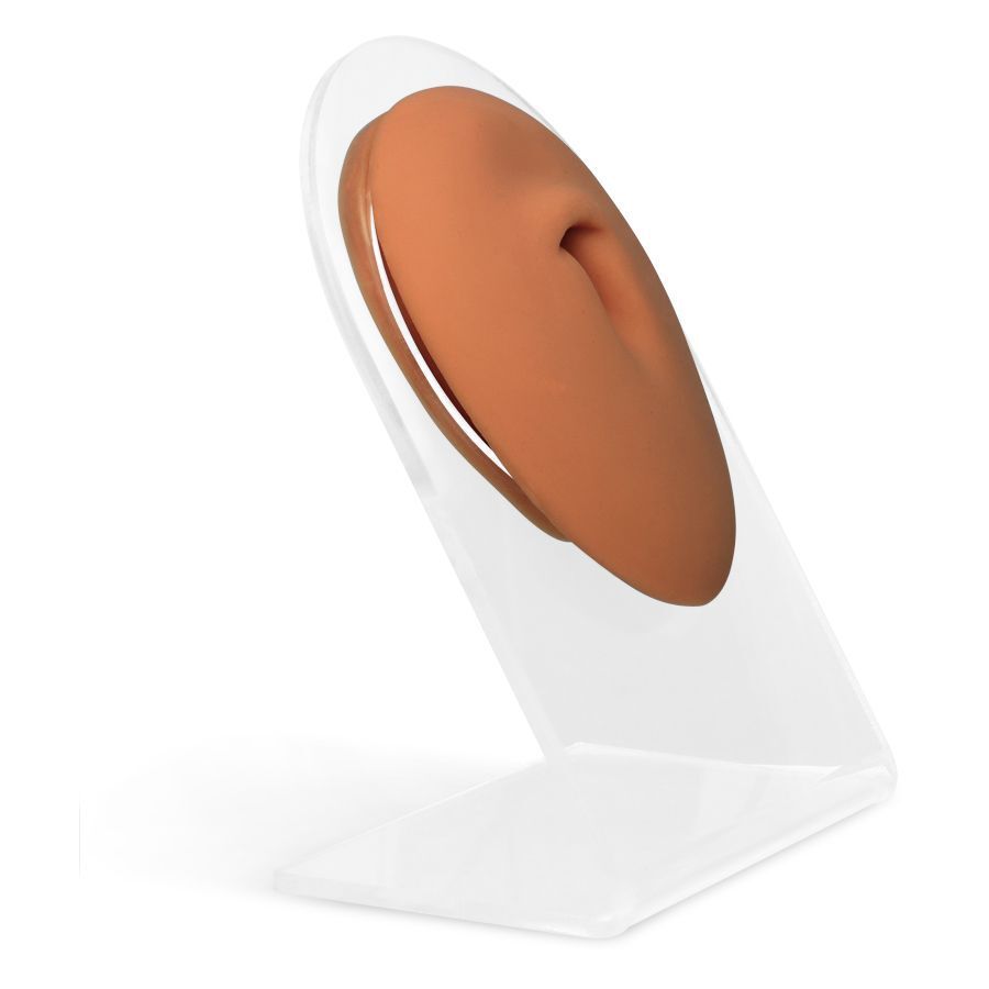 Body Bit Belly Button en marron sur support Body Bit Belly Button marron en silicone sur présentoir transparent