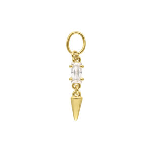 Pendentif en or avec moissanite claire et pointe sur fond blanc