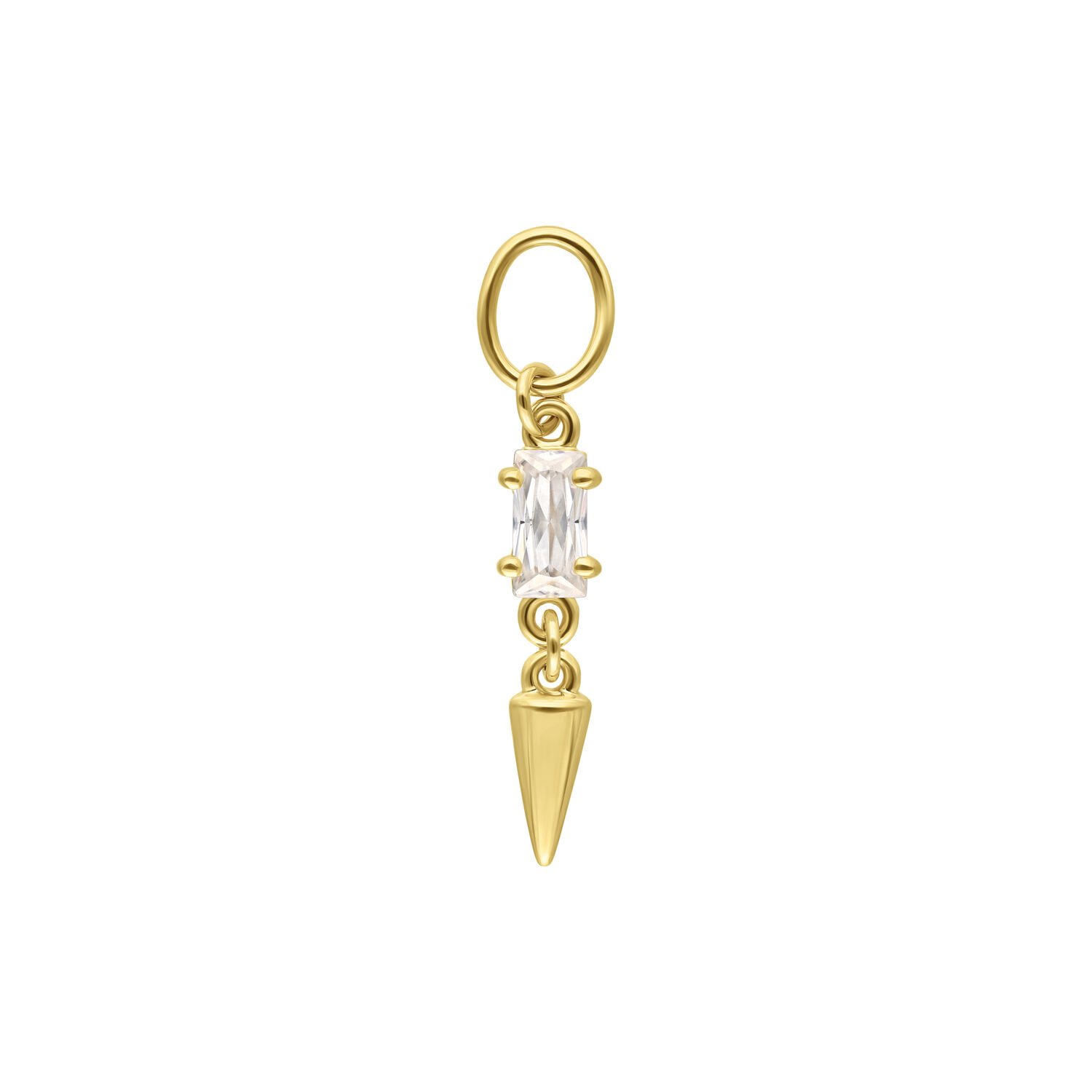 Pendentif en or avec moissanite claire et pointe sur fond blanc