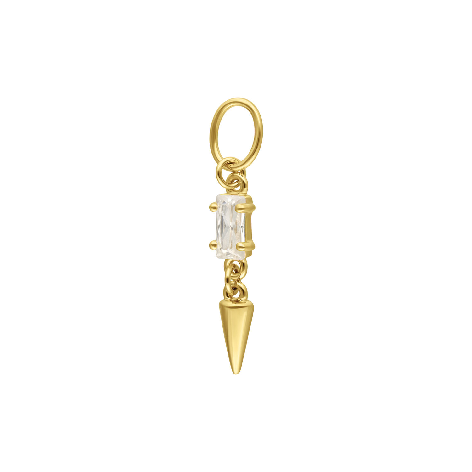 Pendentif piercing doré avec cristal clair et pointe sur fond blanc