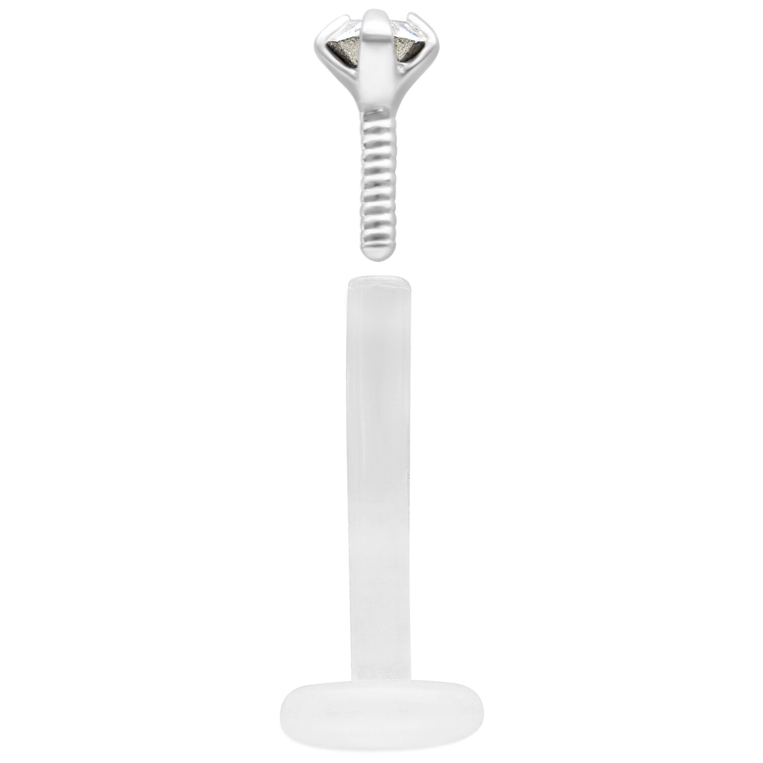Labret en argent avec pierre cristalline et tige en Bioplast sur fond blanc