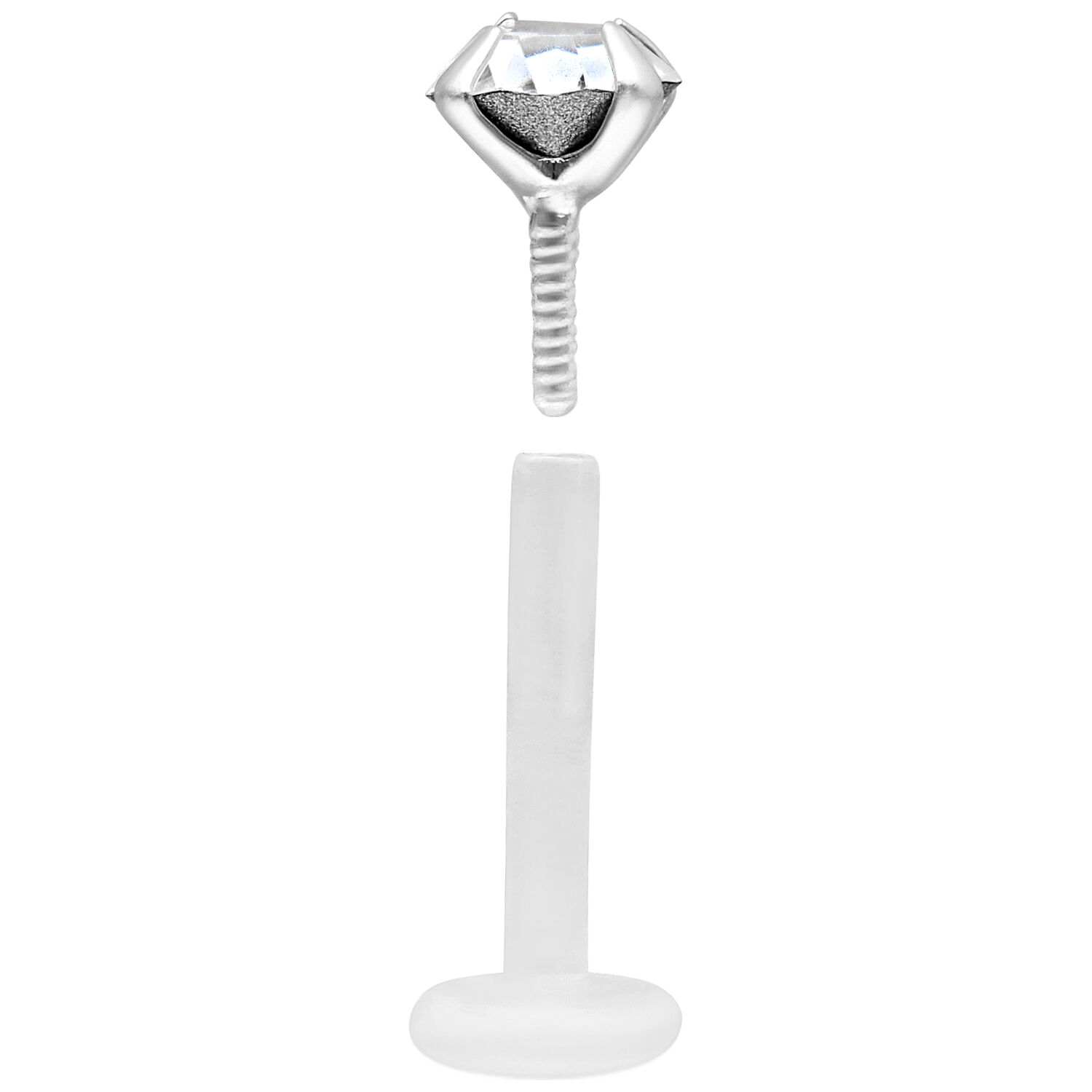 Labret Push-Fit en argent avec cristal clair et tige en Bioplast sur fond blanc