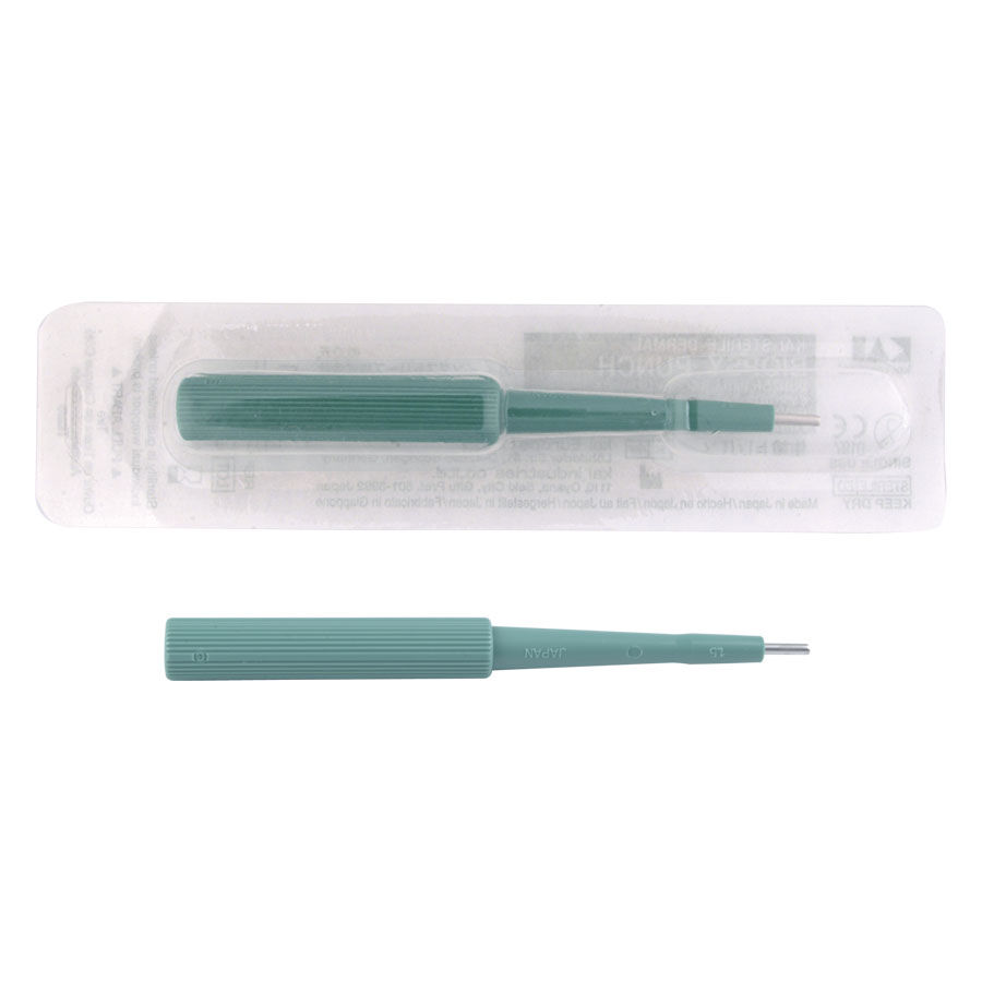 Punch à biopsie stérile en acier chirurgical Punch à biopsie vert avec étui transparent, sur fond blanc