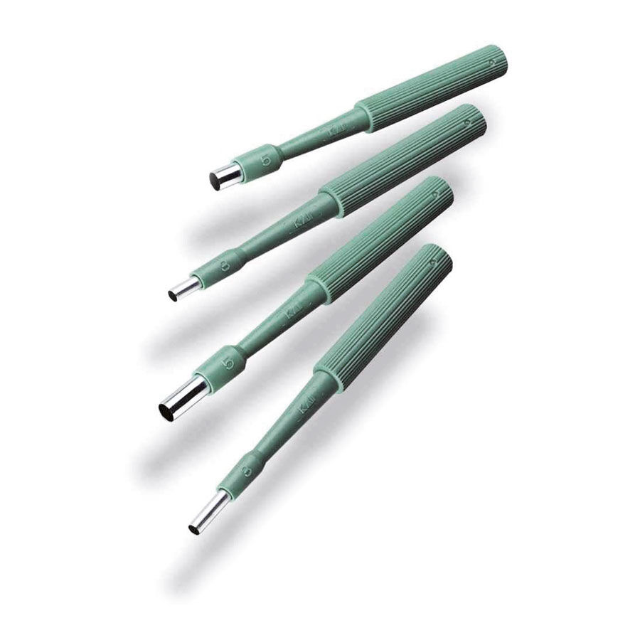 Ensemble de punchs à biopsie Wildcat en vert Quatre punchs à biopsie verts avec pointes en acier inoxydable sur fond blanc