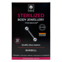 Barbell en titane stérilisé pour langue et poitrine Barbell en titane argenté sur emballage noir avec indications stériles