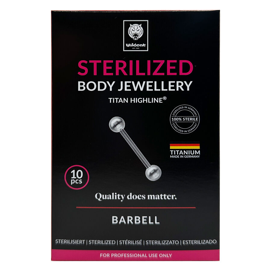 Barbell en titane stérilisé pour langue et poitrine Barbell en titane argenté sur emballage noir avec indications stériles