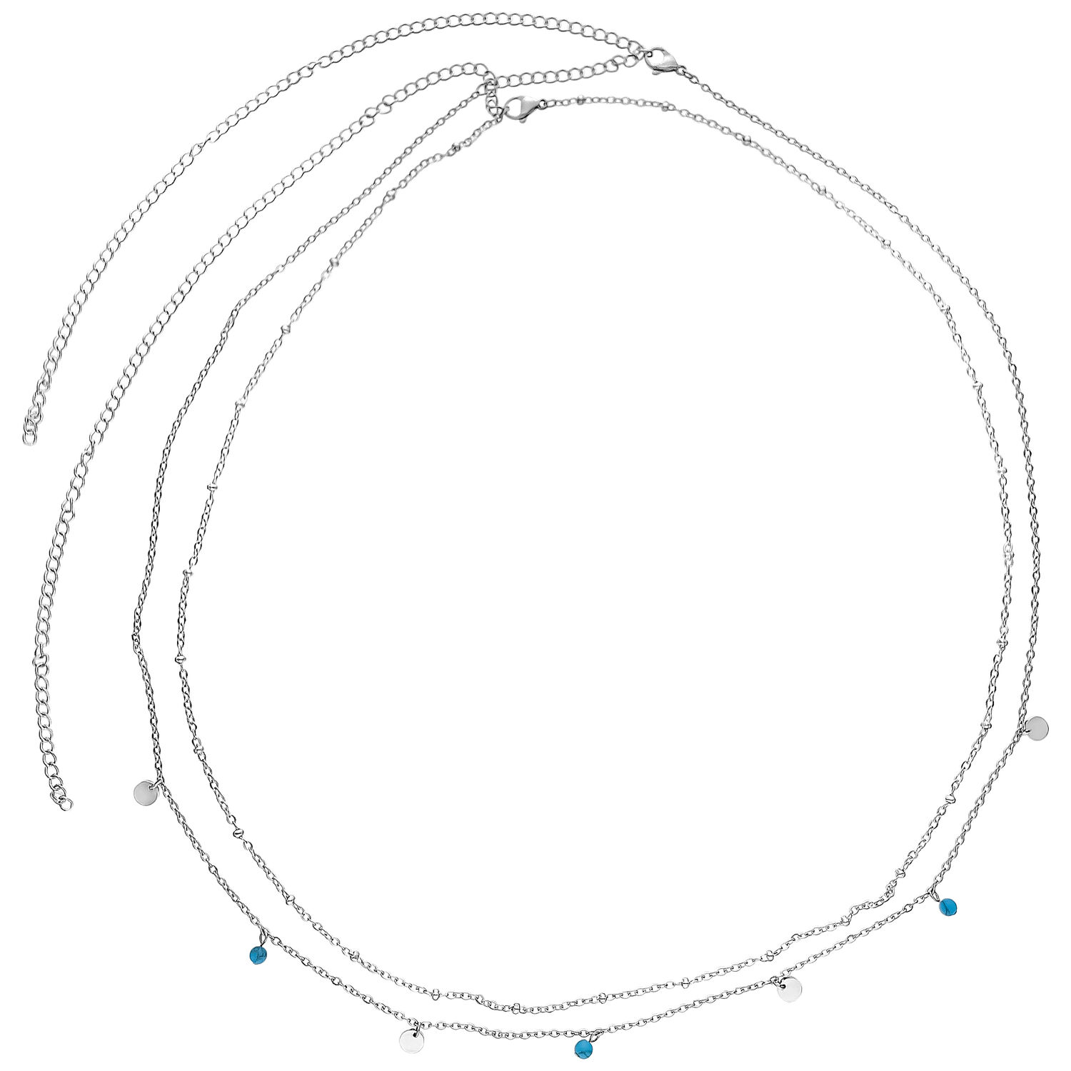 Chaînes de ventre en acier chirurgical argenté Chaînes de ventre doubles en acier chirurgical argenté avec accents bleus et blancs sur fond blanc