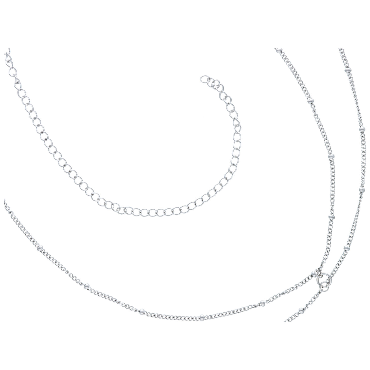 Chaîne de ventre en argent en acier chirurgical Chaîne de ventre satellite connectée en argent en acier chirurgical 316L sur fond blanc