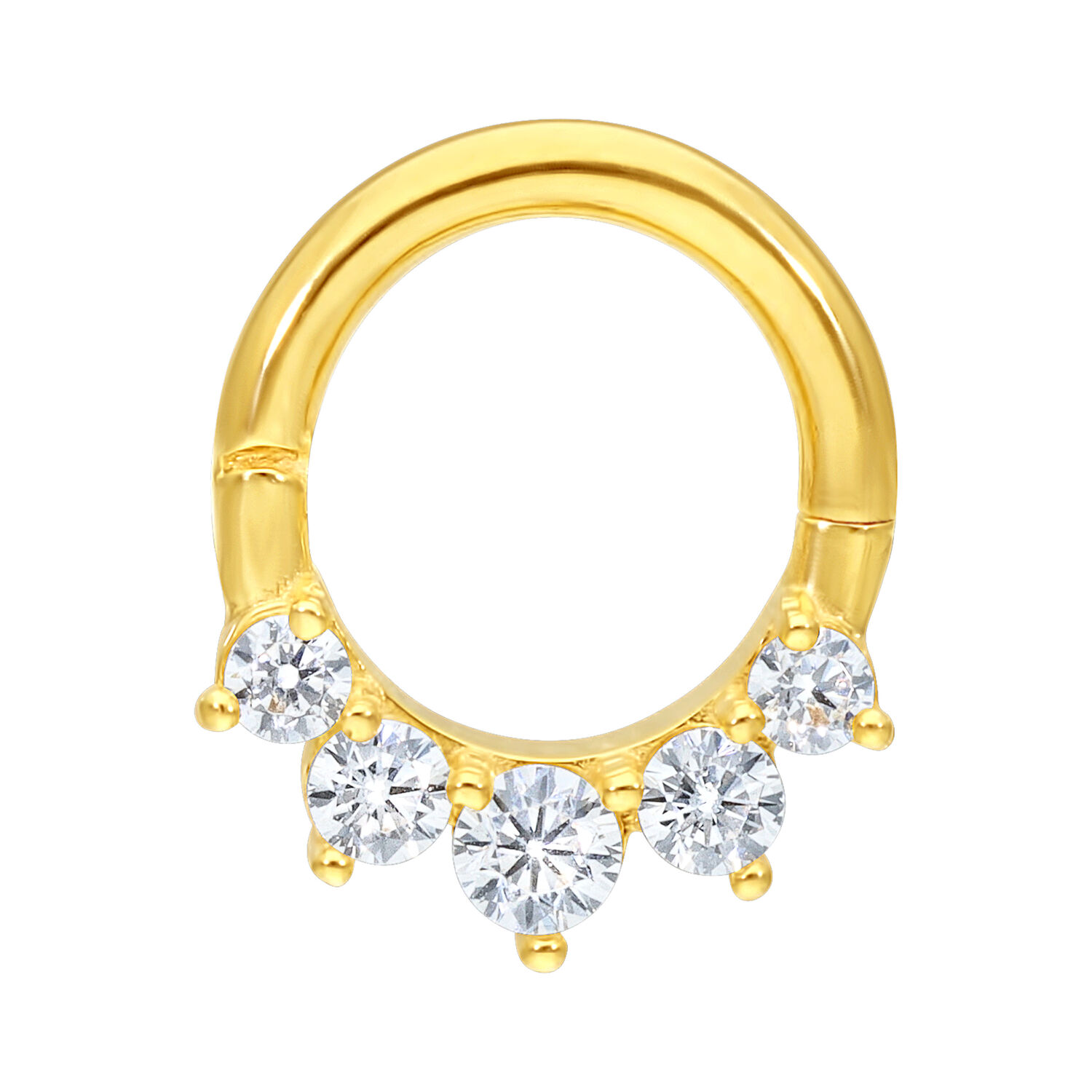 Bague en or 18K avec cristaux pour piercings Anneau de piercing doré en or 18K avec cinq cristaux clairs sur fond blanc