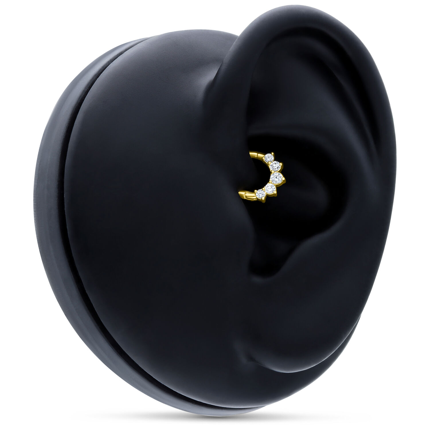 Clicker en or 18K avec cristaux Anneau de piercing en or 18K avec cristaux clairs sur modèle d'oreille noire