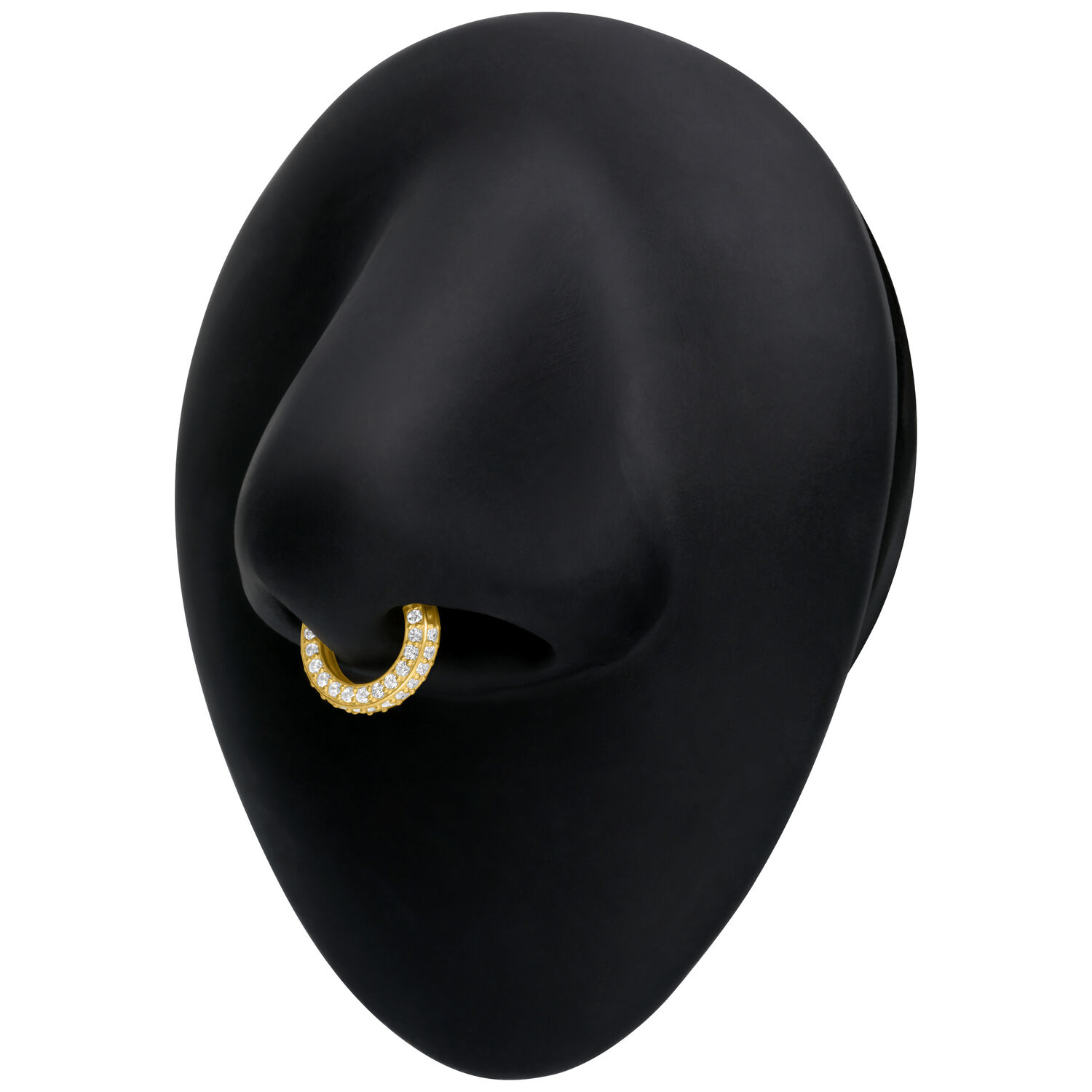 Anneau de piercing en or avec cristaux clairs sur un présentoir noir