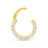 Anneau de septum pavé en or 18k 1,2 mm 8,0 mm Anneau de septum en or avec cristaux clairs, épaisseur 1,2 mm, diamètre intérieur 8,0 mm sur fond blanc