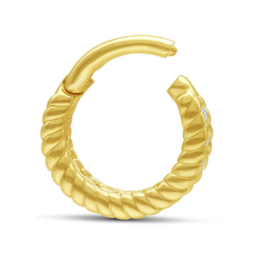 Piercing anneau à charnière en or 14K avec cristaux Anneau à charnière doré avec cristaux, design en spirale, fond blanc