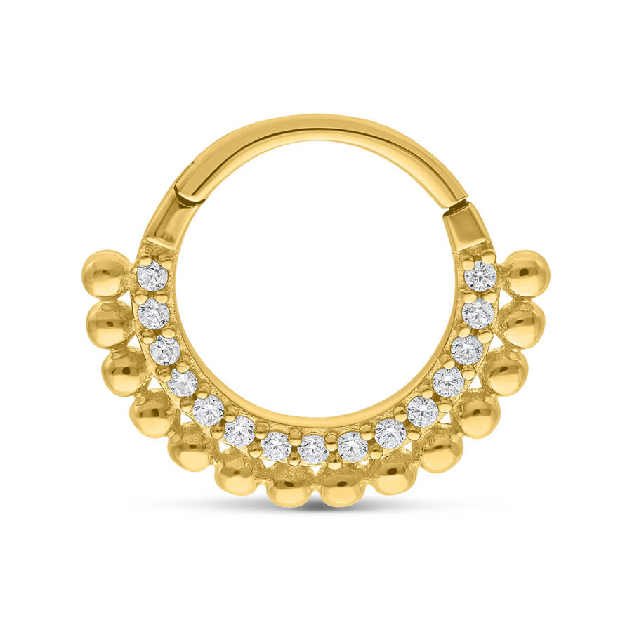 Clicker en or 14K avec petits cristaux sur fond blanc
