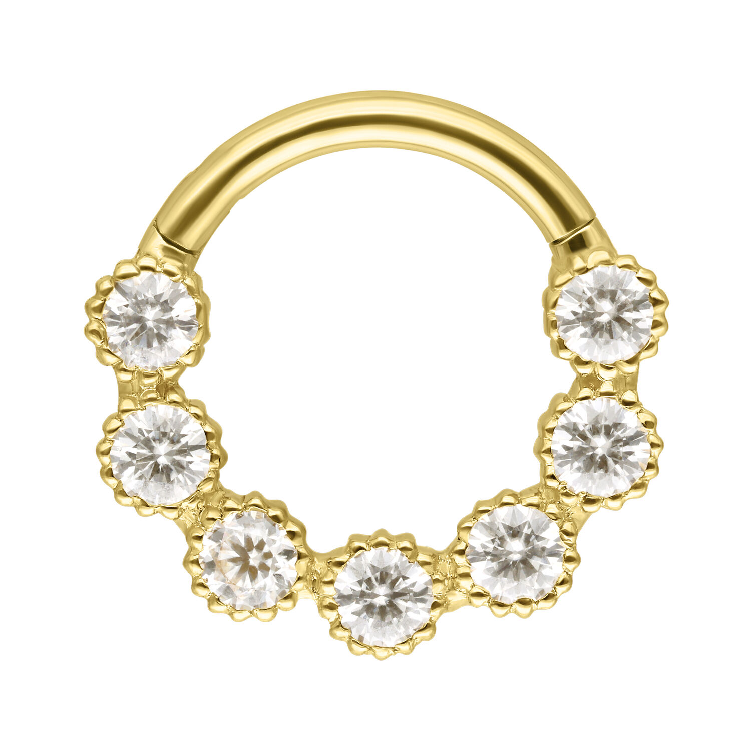Anneau de septum en or 18K avec cristaux de moissanite Anneau de septum en or avec sept cristaux ronds de moissanite sur fond blanc
