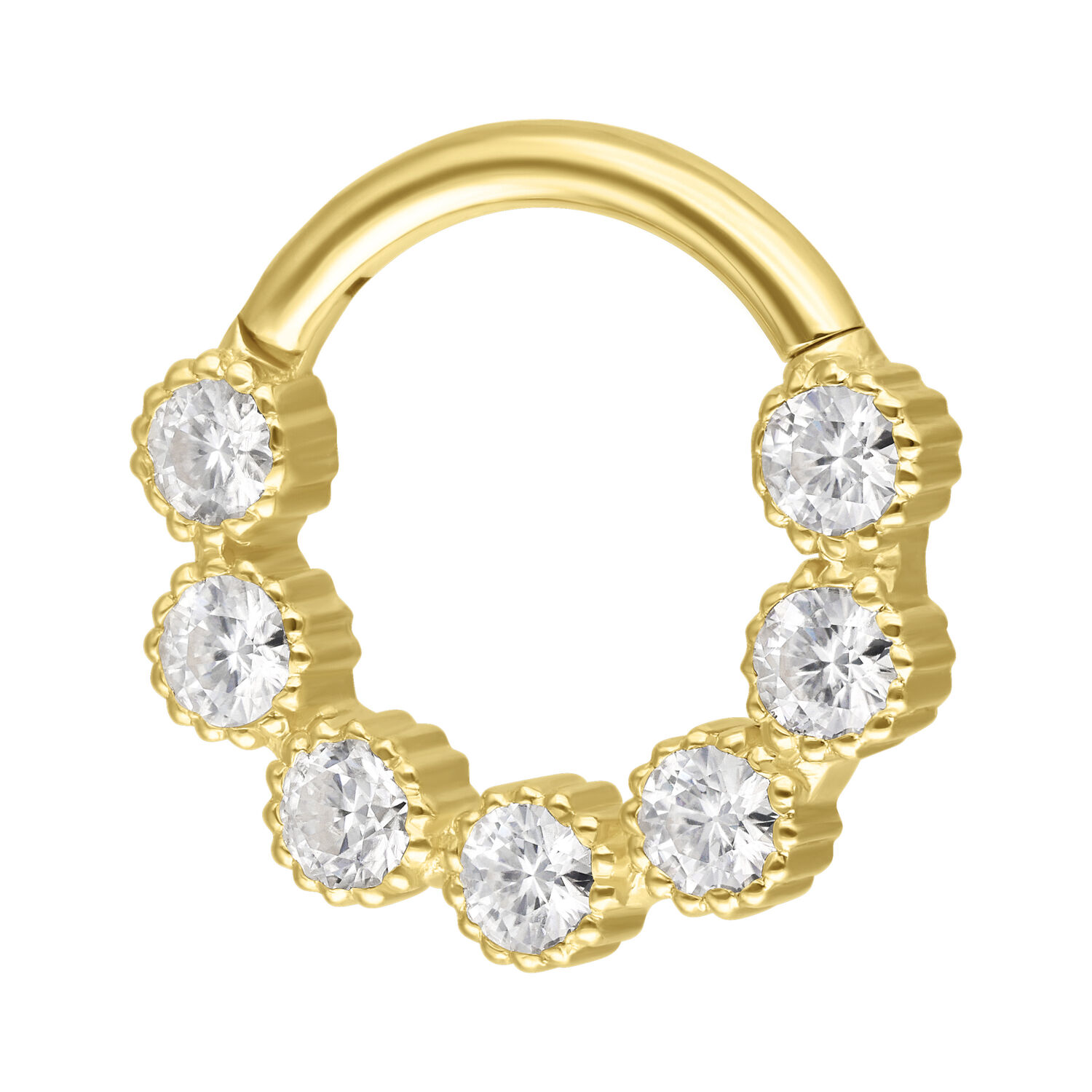 Anneau de septum en or 18K avec moissanite Anneau de piercing en or avec sept pierres de moissanite scintillantes sur fond blanc