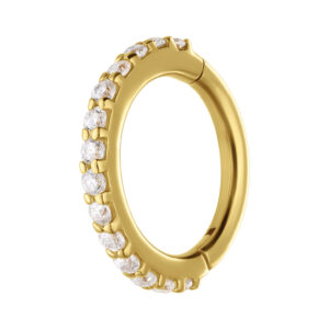 Anneau doré articulé avec cristaux de moissanite sur fond blanc