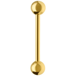 Haltère en or 18K brillant, longueur 14,0 mm, sur fond blanc