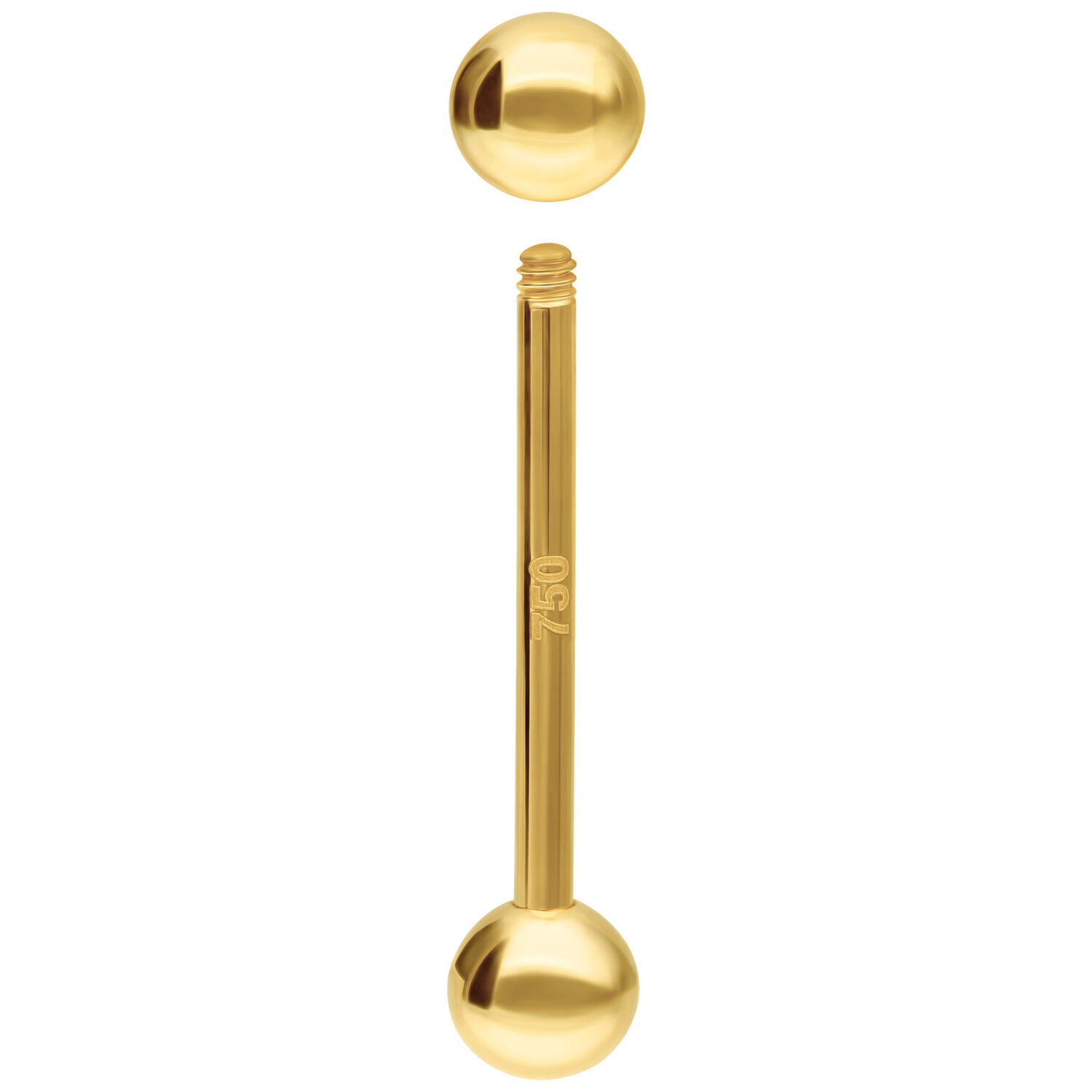 Barbell en or 18K - 14,0 mm de longueur Barbell en or 18K de 14,0 mm de longueur avec filetage externe sur fond blanc