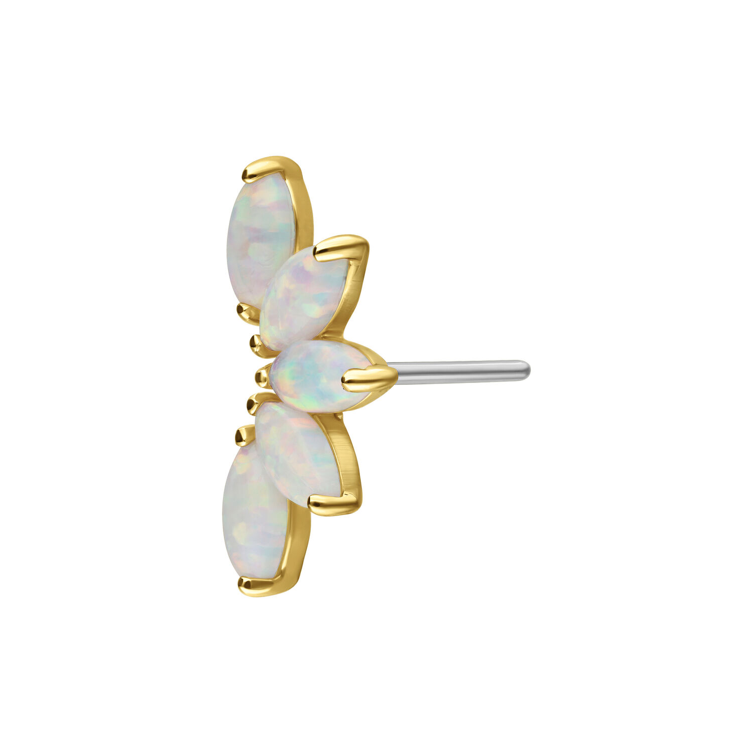 Embout en or 14K avec opale synthétique Embout Push Fit doré avec trois pierres d'opale claires sur fond blanc