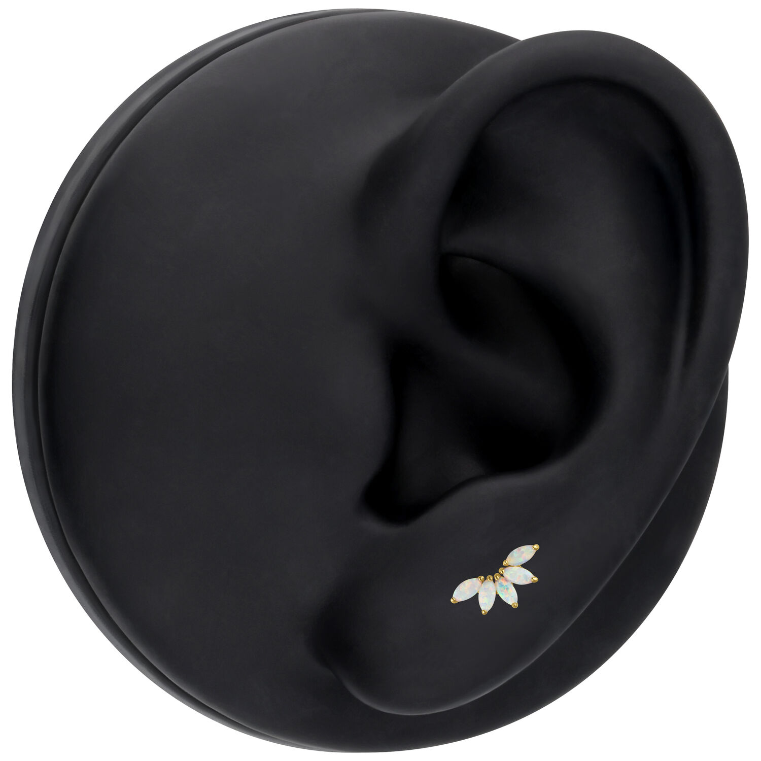 Piercing en or 14K avec opale pour l'oreille Piercing en or 14K avec opale synthétique en forme de feuille sur oreille modèle noire