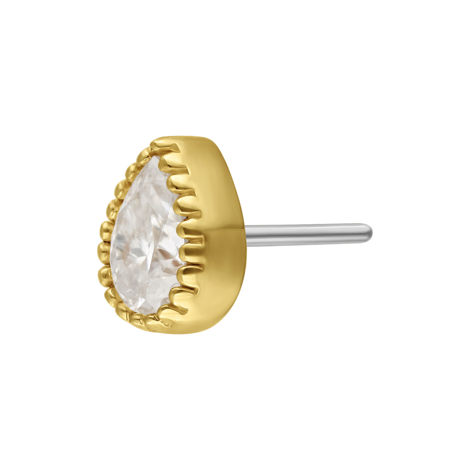 Embout Push Fit en or 14K avec moissanite Embout Push Fit doré avec cristal de moissanite clair en forme de goutte sur fond blanc