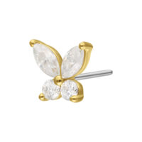 Embout papillon doré avec des cristaux clairs de moissanite sur fond blanc