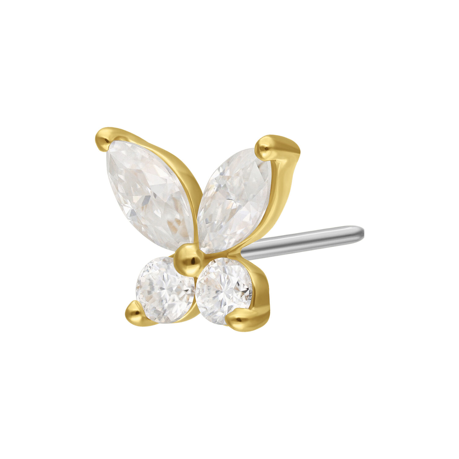 Embout papillon doré avec des cristaux clairs de moissanite sur fond blanc