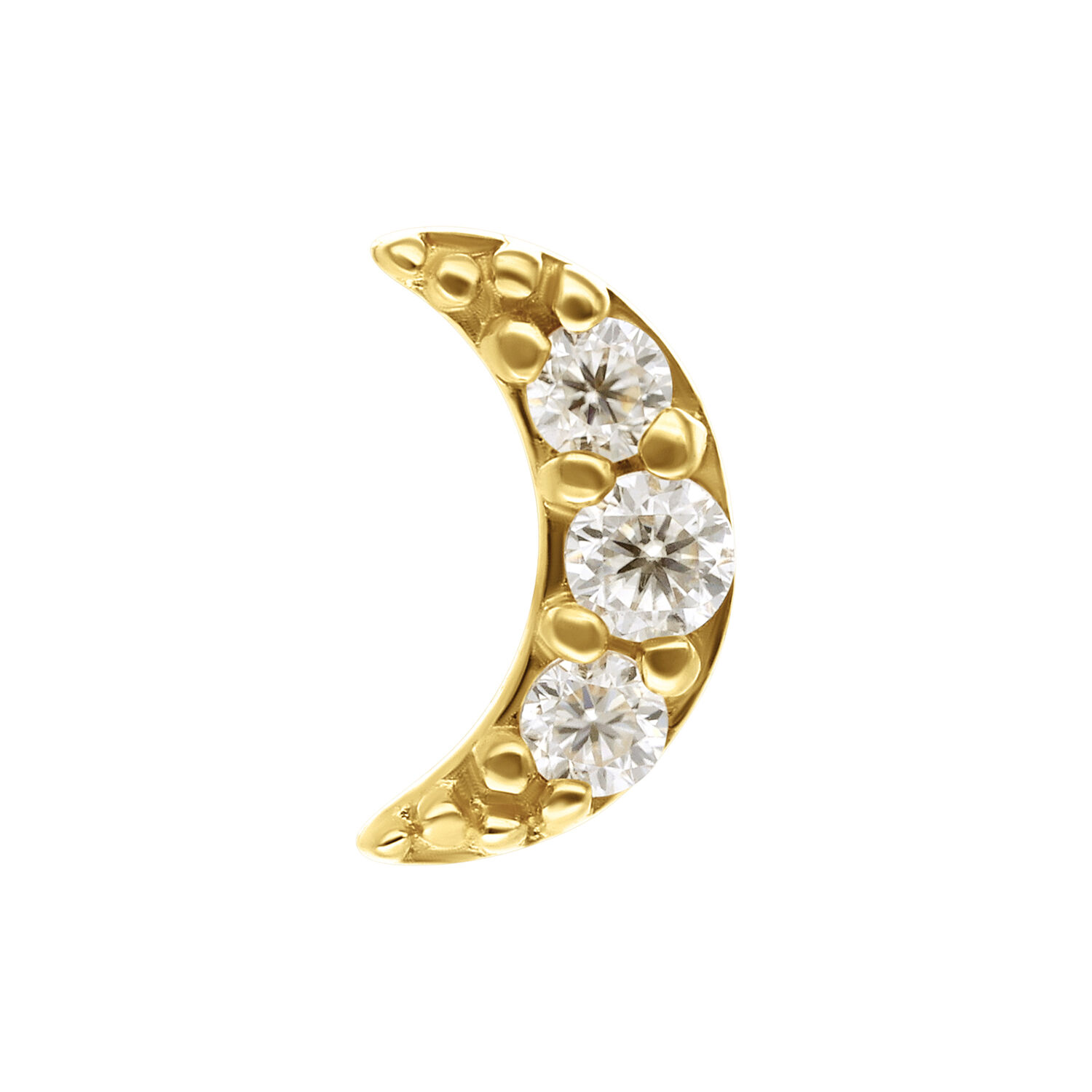 14K Or Moissanite Lune Embout Embout en or avec trois pierres de moissanite claires sur fond blanc