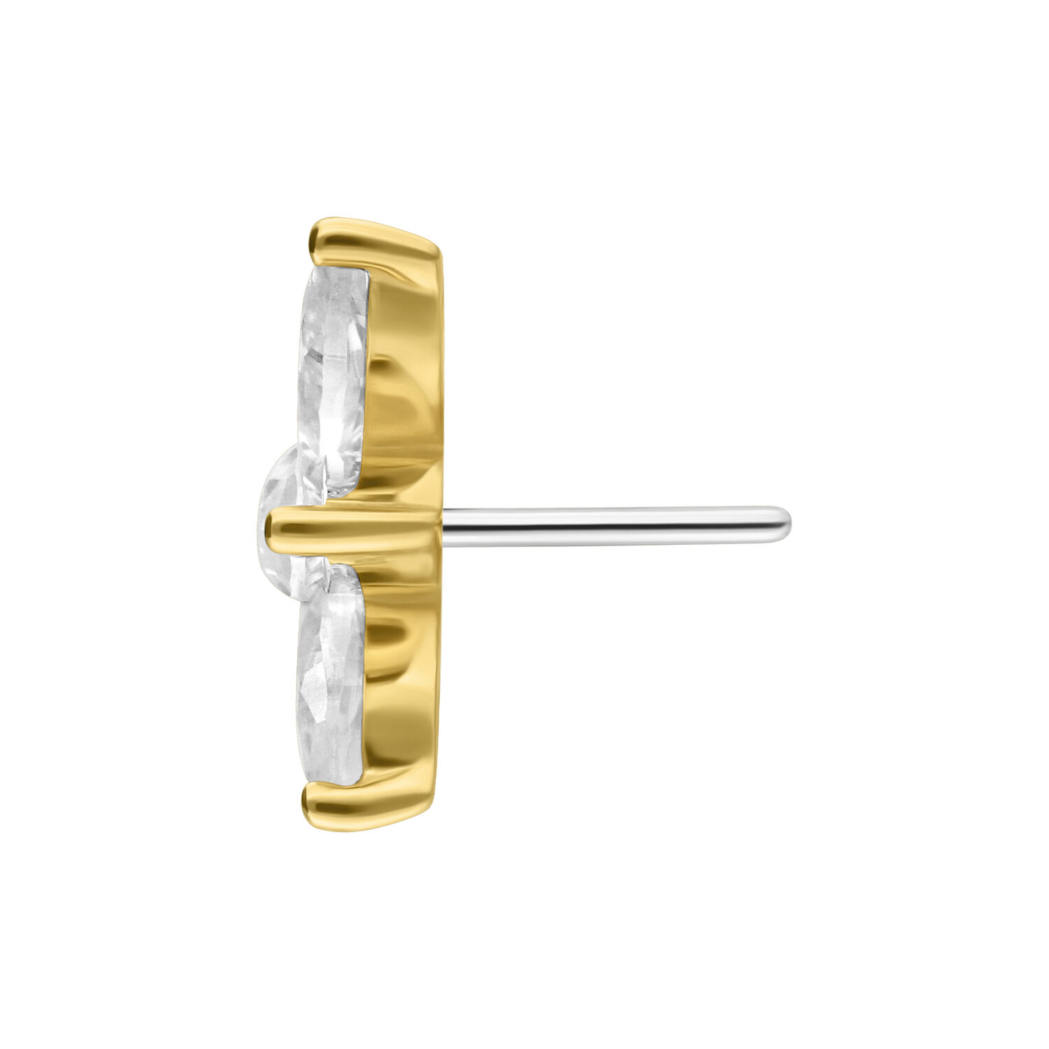 14K Or Moissanite Lotus Embout Vue latérale de l'embout Lotus en or avec moissanite claire sur fond blanc