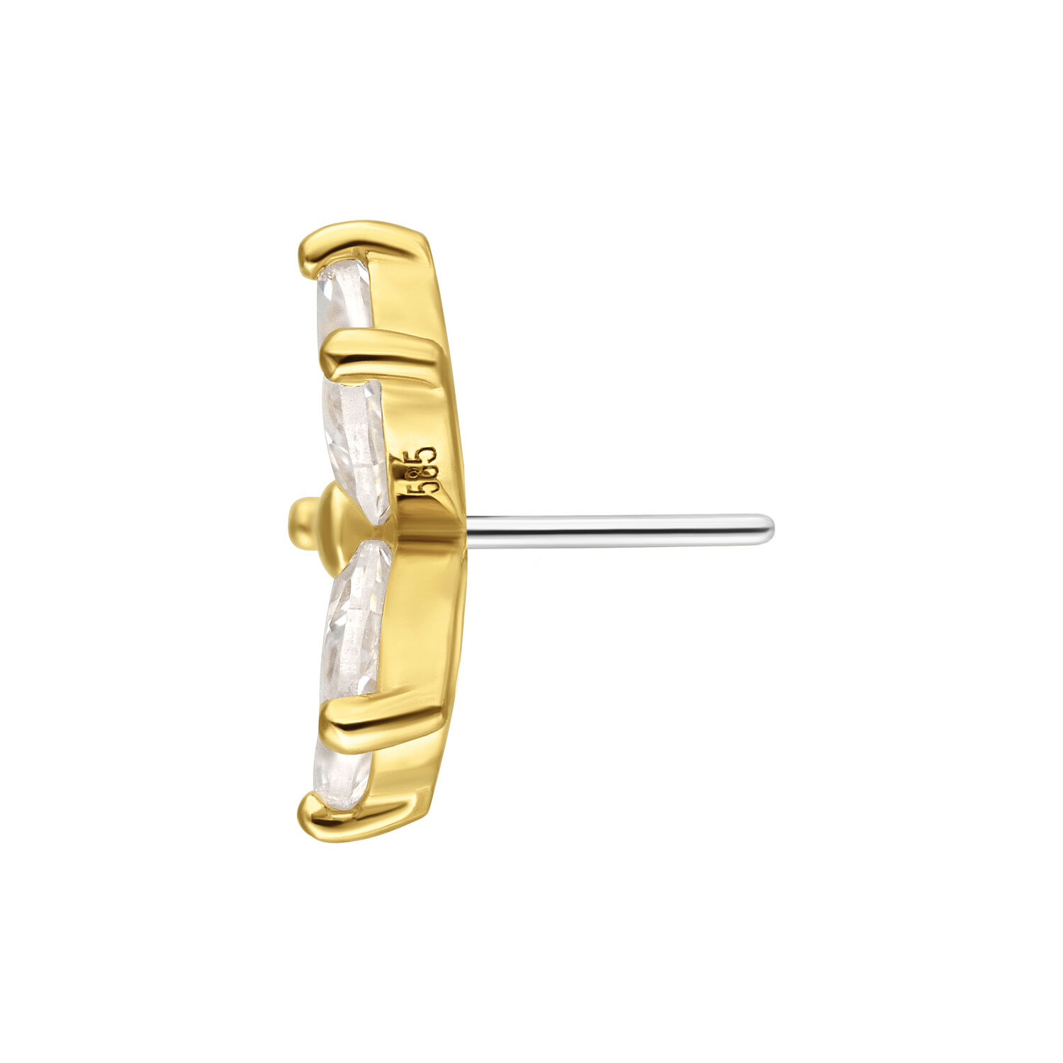 14K Or Moissanite Embout Fleur Push Fit Vue latérale de l'embout fleur en or avec des cristaux clairs sur fond blanc
