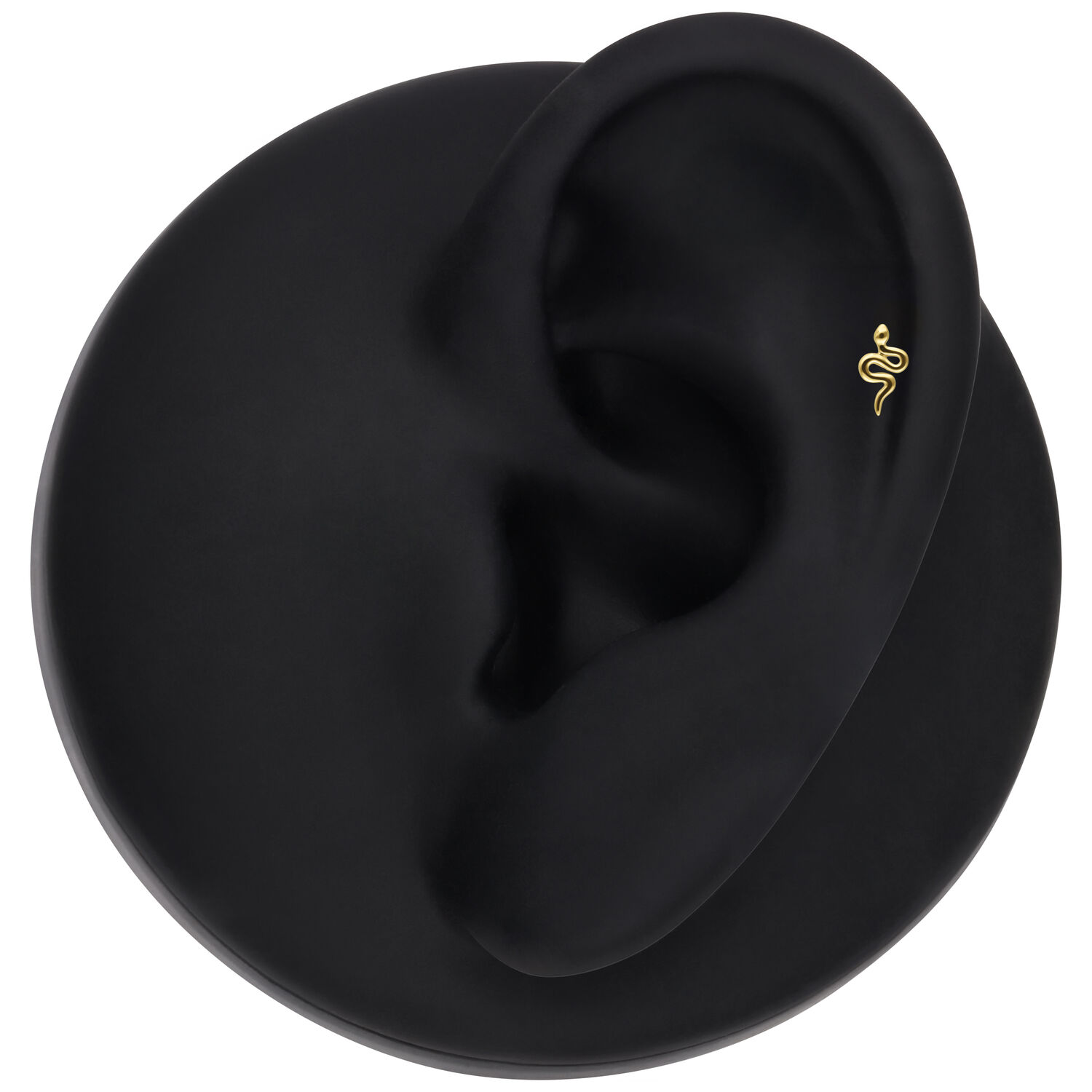 Embout Serpent en Or 14K pour Piercings Push Fit Embout serpent en or 14K sur modèle d'oreille noir