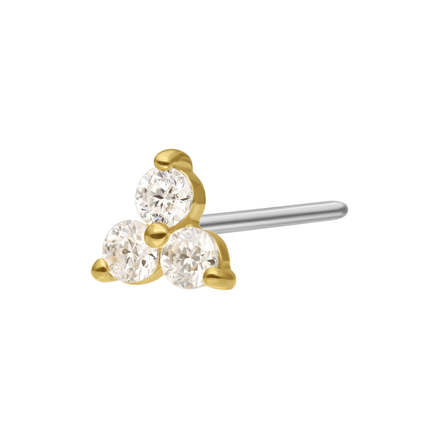 Embout Trinity en or 14K avec moissanite Embout push-fit doré avec trois cristaux de moissanite clairs sur fond blanc