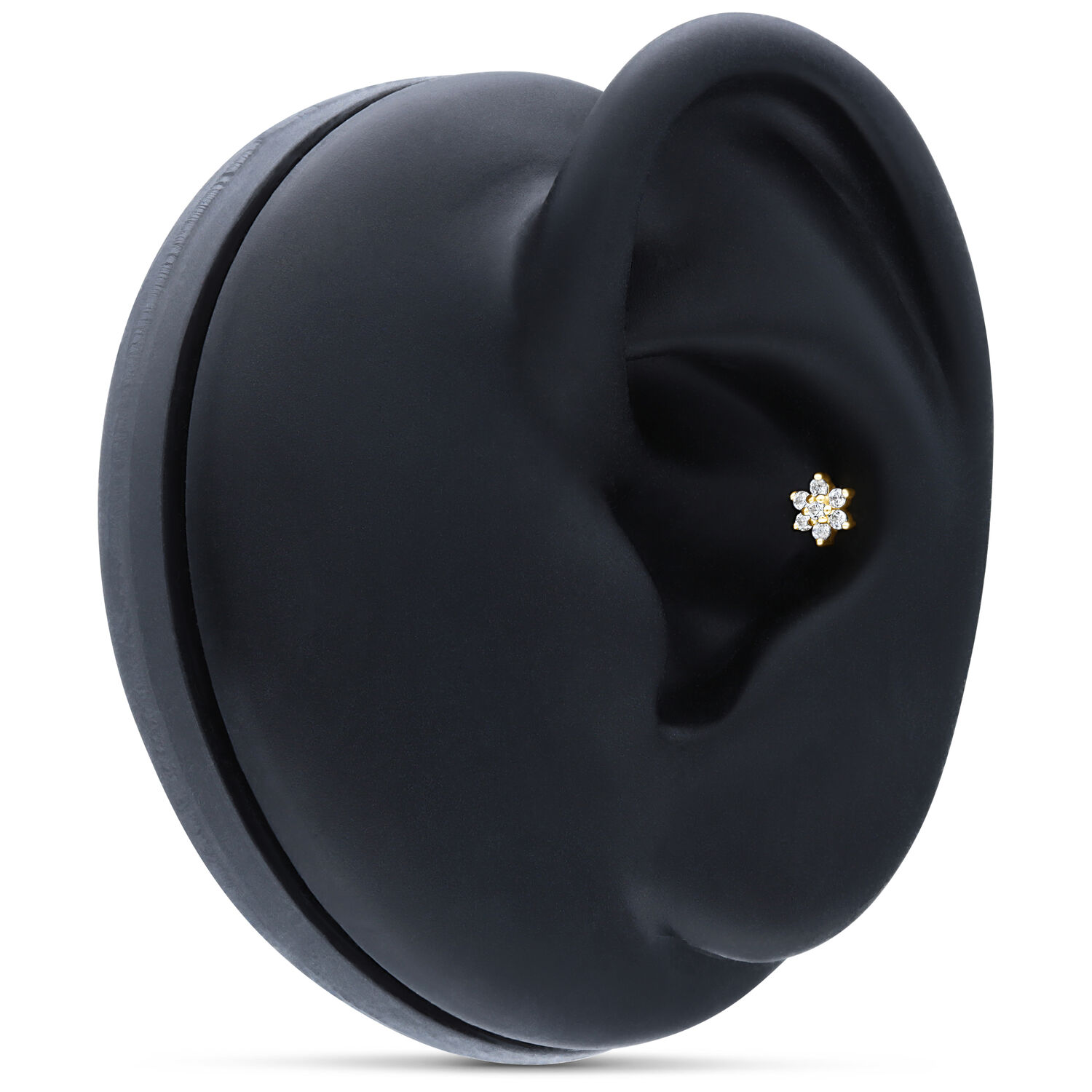 Embout fleur en or 14K avec cristaux sur présentoir noir pour oreille