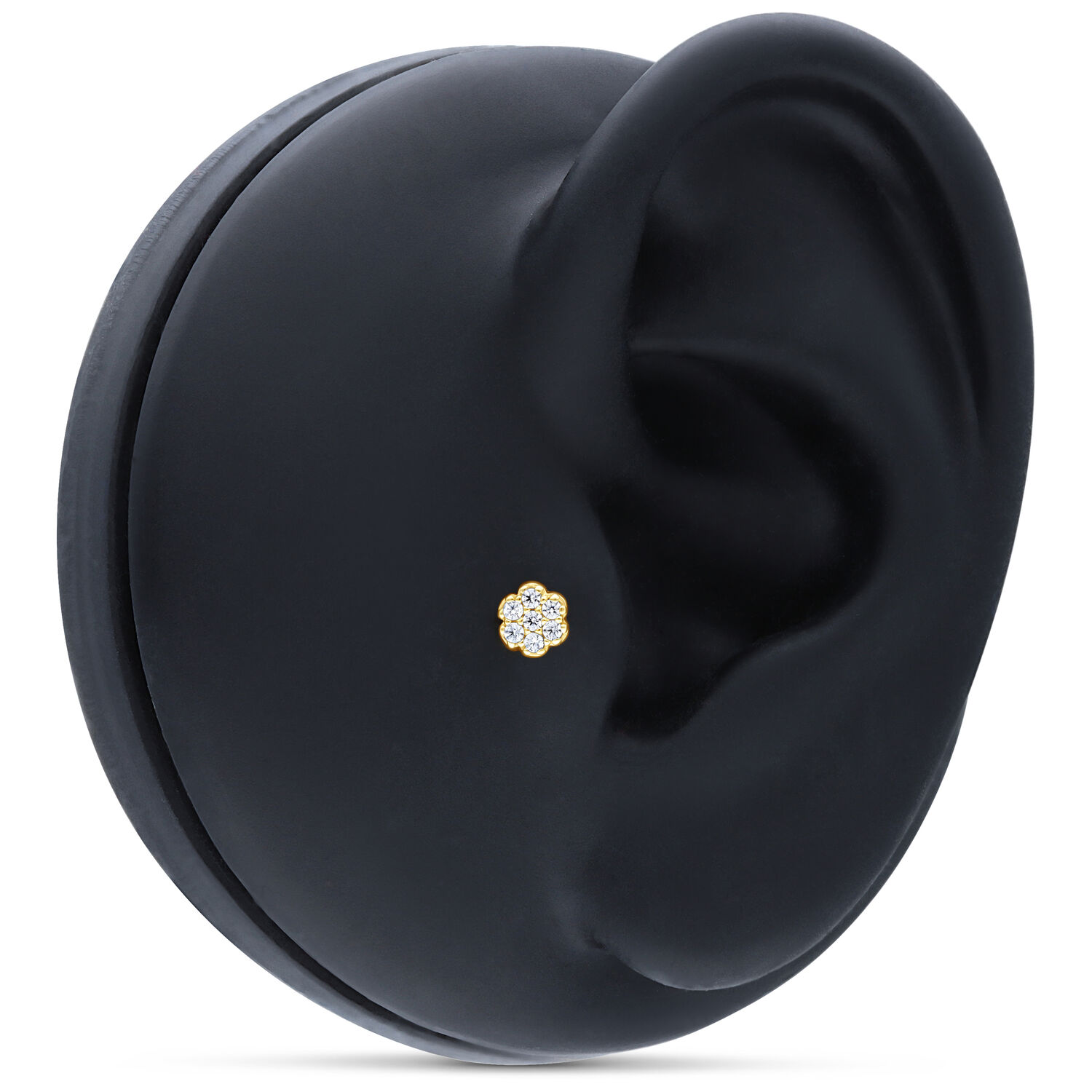 Embout floral doré avec cristaux clairs sur modèle d'oreille noir