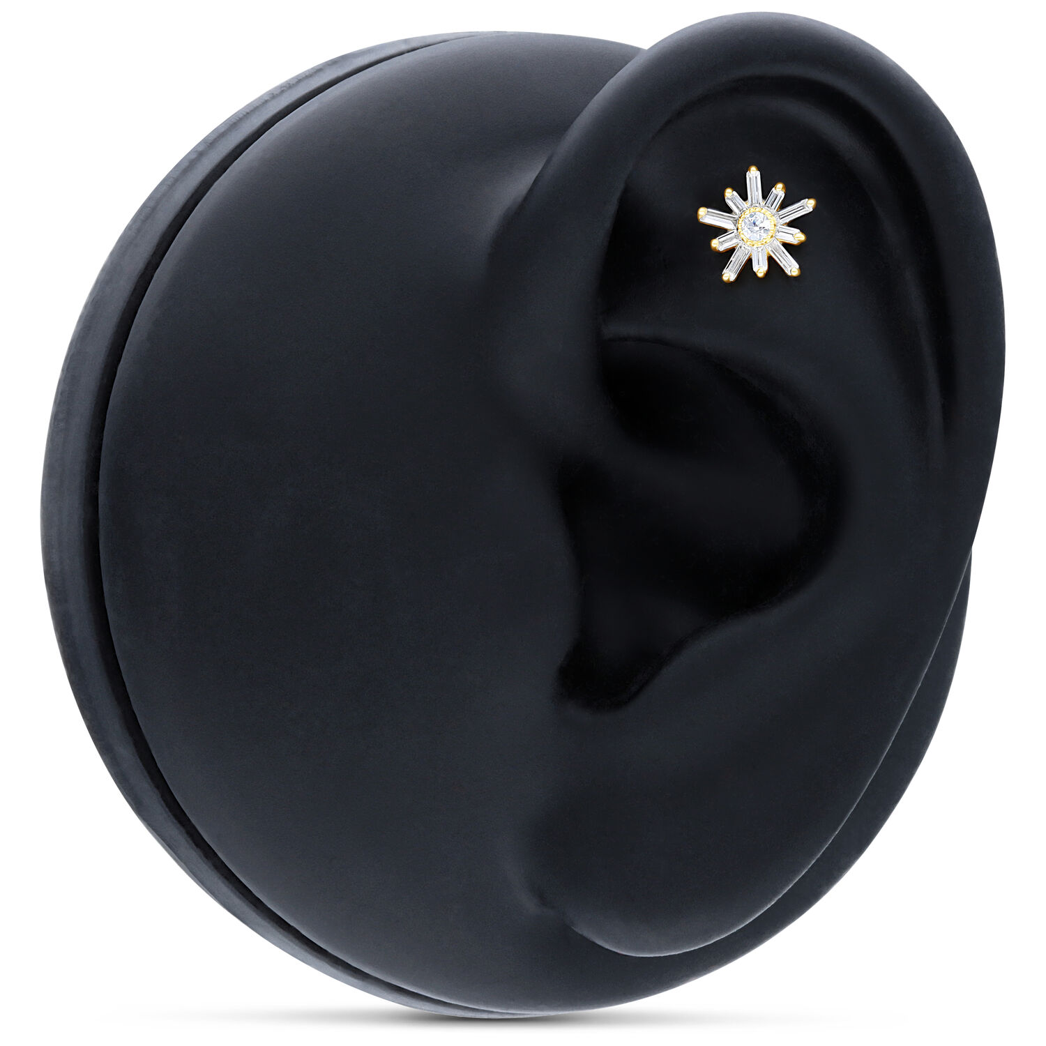 Embout étoile en or 14K avec cristal Embout étoile doré avec cristal clair sur mannequin d'oreille noir