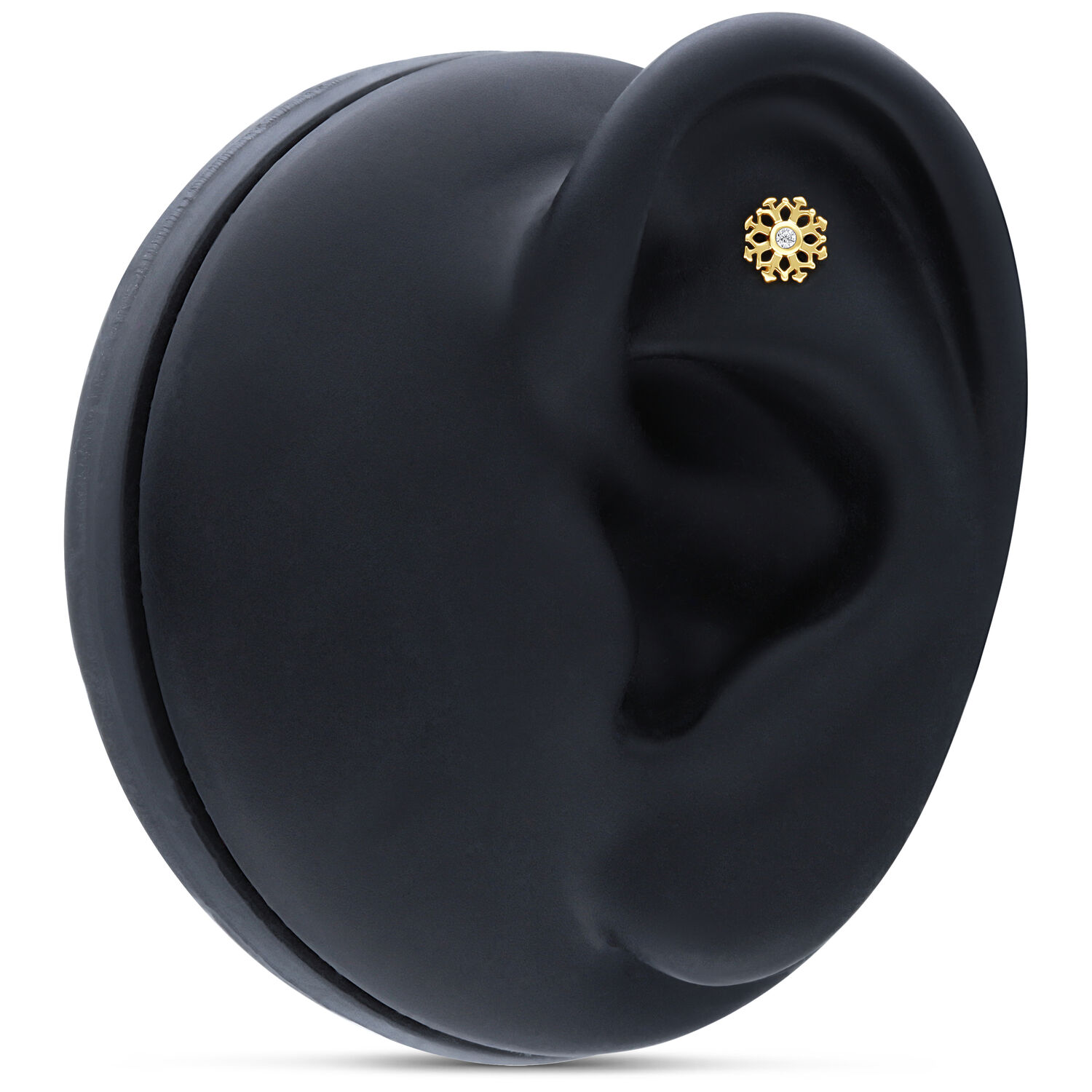 Embout Flocon de Neige en Or 14K, Piercing d'Oreille Embout flocon de neige en or 14K, porté sur un modèle d'oreille noir