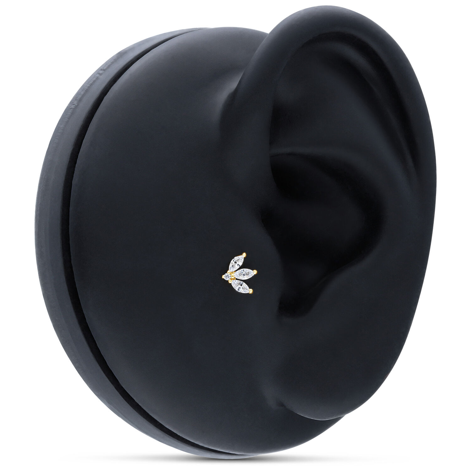 14K Gold Tiara Embout avec Cristaux Petit embout tiara en or 14K, cristallin, sur modèle d'oreille noir