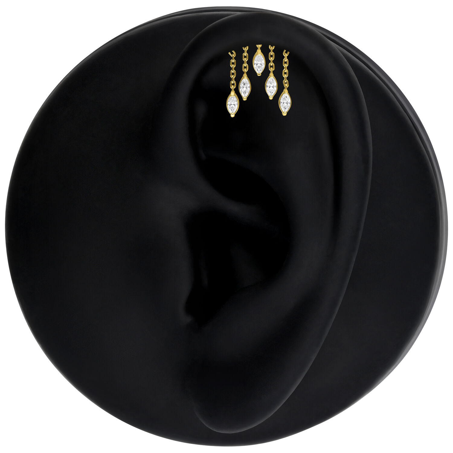 Embout Helix en or 18K avec gouttes de cristal Embout Helix doré avec gouttes de cristal claires sur un modèle d'oreille noir