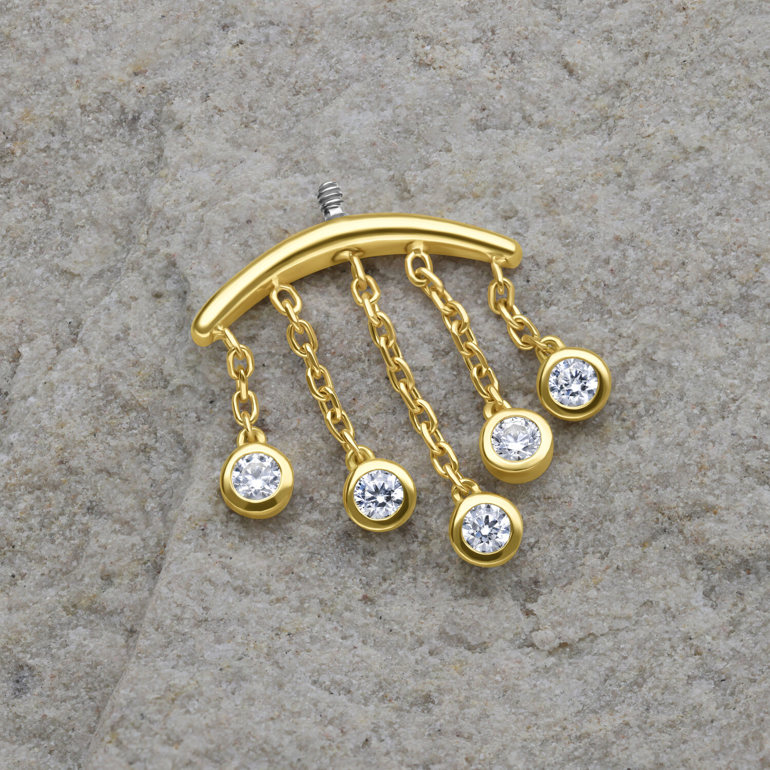 Embout Helix en or 18K avec gouttes de cristal Embout de piercing en or avec cinq gouttes de cristal claires sur fond gris