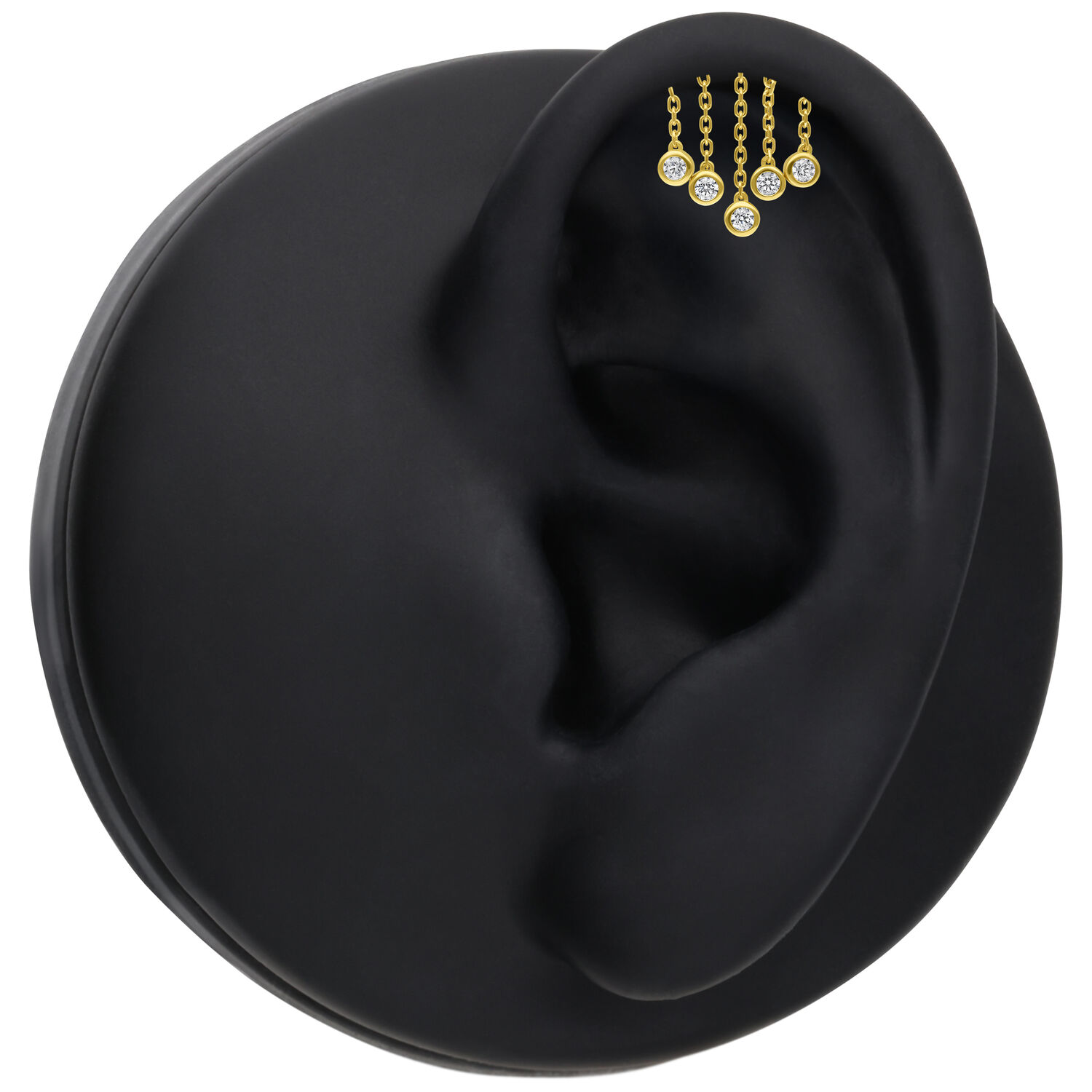 Embout hélice doré avec chaîne de cristaux Embout de piercing hélice doré avec cristaux clairs sur une oreille modèle noire