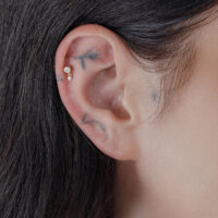 14K Or Double Cristal Piercing Embout Embout doré avec deux cristaux porté à l'oreille, gros plan
