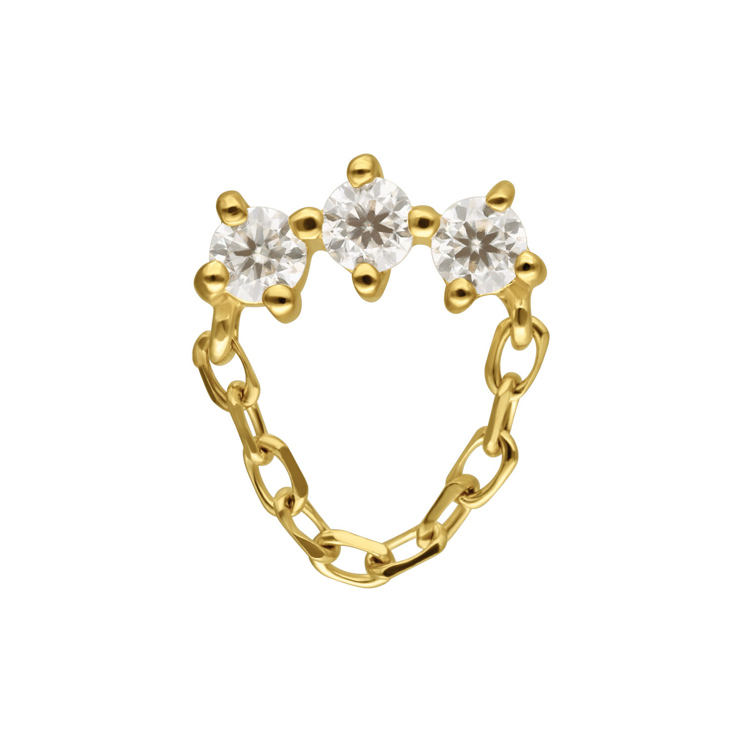 Pendentif en or 14K avec moissanite Embout en or avec trois pierres de moissanite et pendentif chaîne sur fond blanc