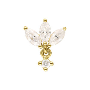 Pendentif Lotus doré avec trois pierres de moissanite scintillantes sur fond blanc