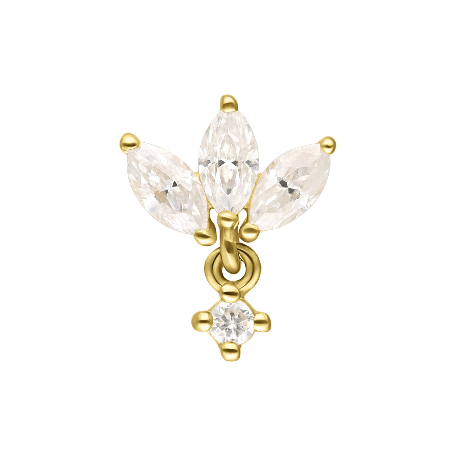 Pendentif Lotus en or 14K avec moissanite Pendentif Lotus doré avec trois pierres de moissanite scintillantes sur fond blanc