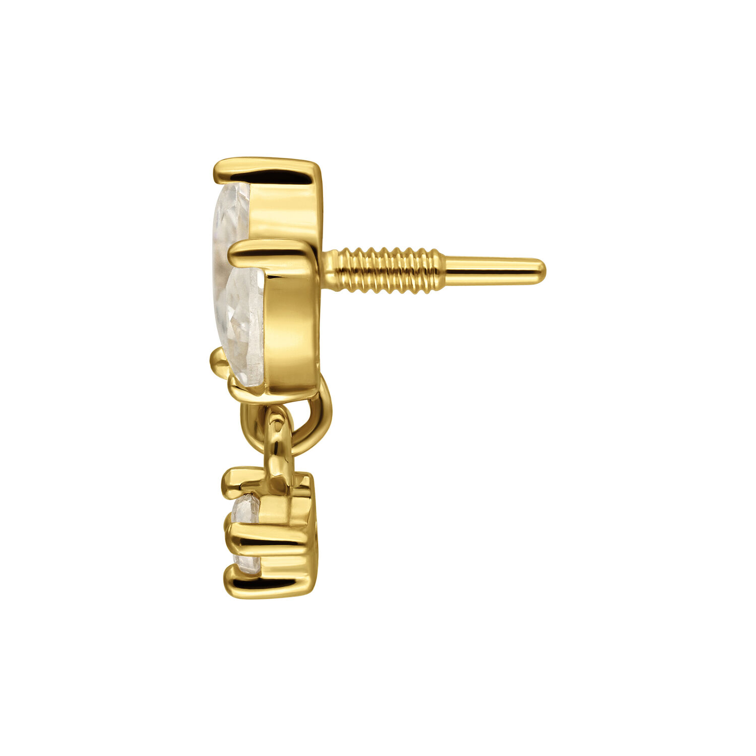 Embout latéral en or 14K avec moissanite Vue latérale d'un embout Lotus en or avec moissanite et filetage interne sur fond blanc