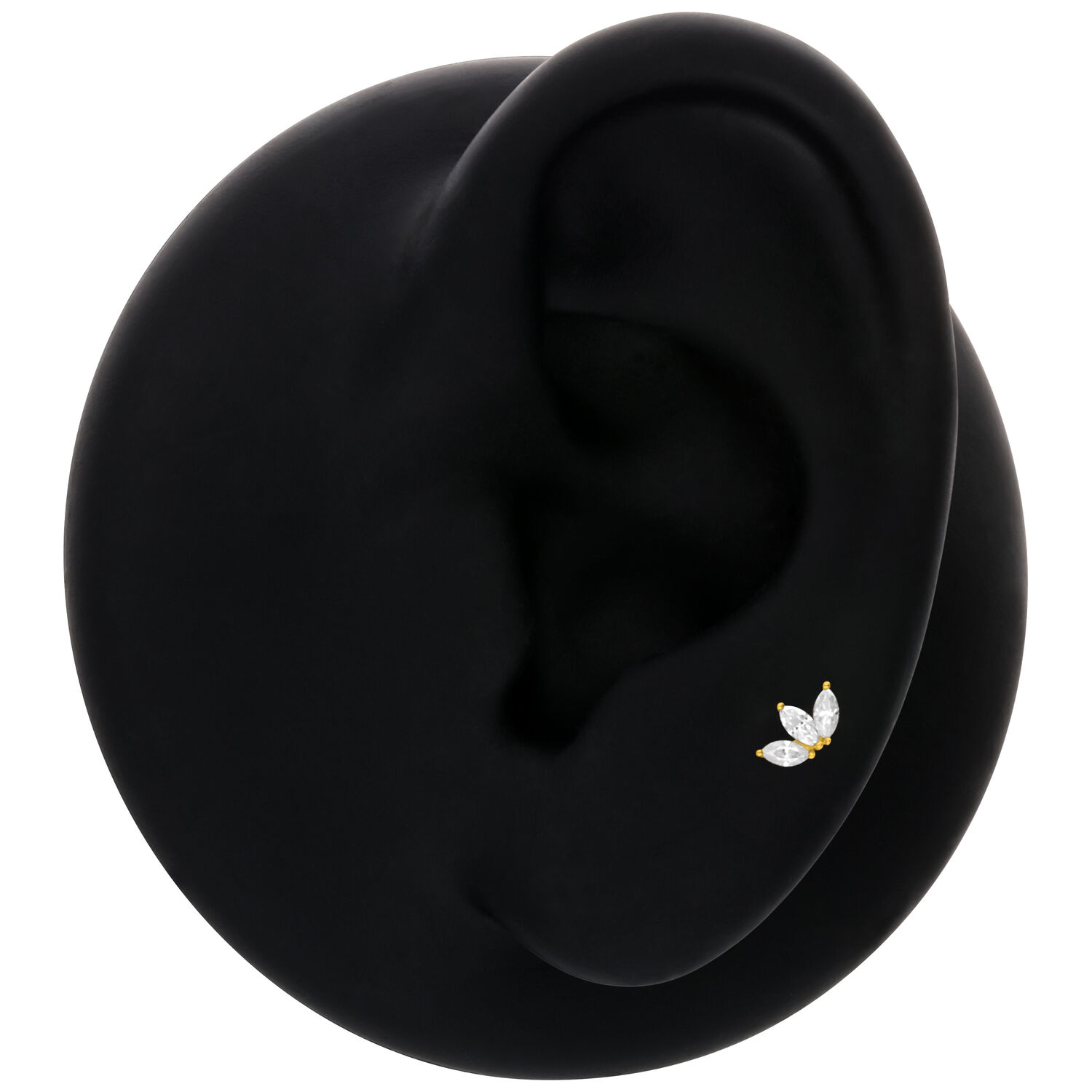 14K Or Lotus Fleur Embout pour Piercing Embout en or fleur de lotus sur oreille noire sur fond blanc
