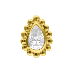 Embout doré avec cristal en forme de goutte sur fond blanc